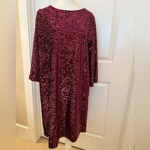 Chico size 3, 16/18 burgundy sequin dress with three-quarter length Bell sleeves